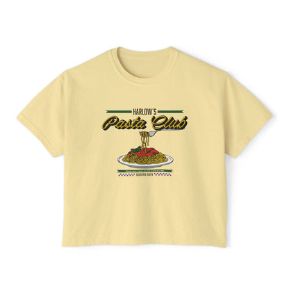 thtgrlreads crop top from The Poison Daughter collection featuring a vintage wash pale yellow Comfort Colors base with a retro-style pasta club graphic in script and illustration.
