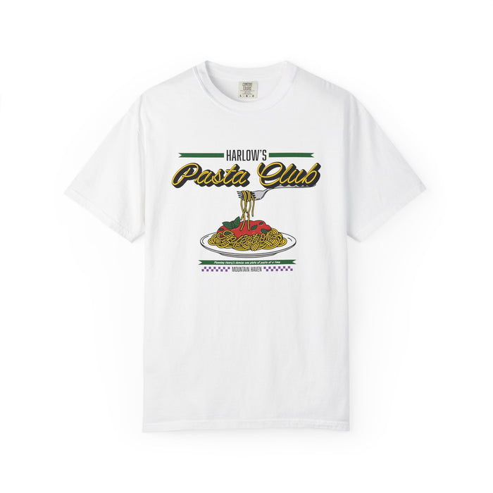 thtgrlreads white Comfort Colors graphic tee featuring a vintage-style print of spaghetti on a fork above a plate with the text "Harlow's Pasta Club" in yellow and black script font
