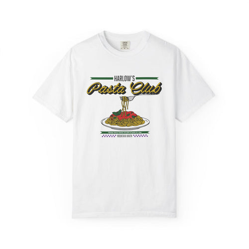 thtgrlreads white Comfort Colors graphic tee featuring a vintage-style print of spaghetti on a fork above a plate with the text "Harlow's Pasta Club" in yellow and black script font