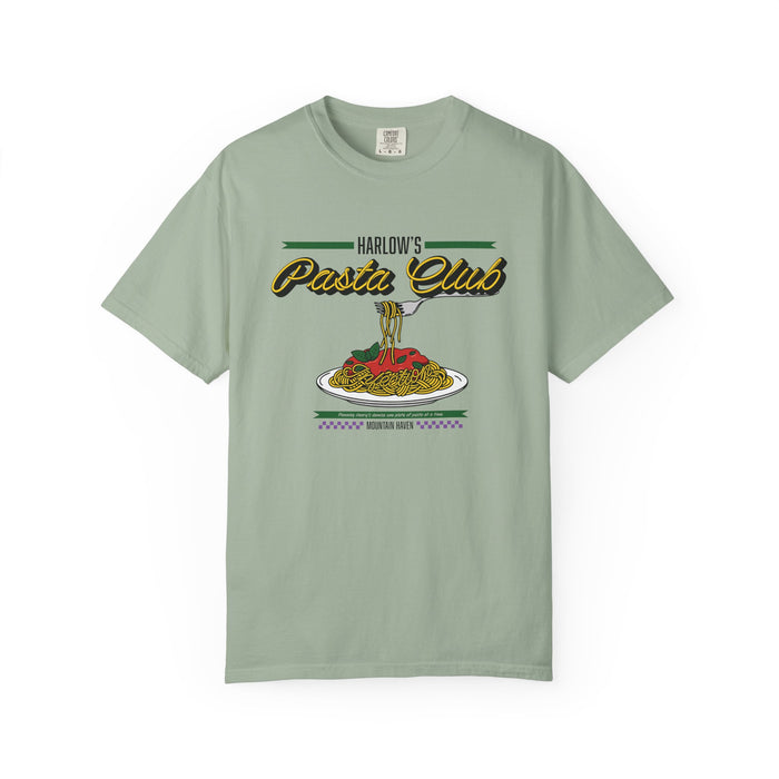 Comfort Colors graphic tee from thtgrlreads inspired by The Poison Daughter collection featuring retro-style "Harlow's Pasta Club" text and a vintage print of pasta on a sage green shirt.