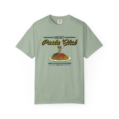 Comfort Colors graphic tee from thtgrlreads inspired by The Poison Daughter collection featuring retro-style "Harlow's Pasta Club" text and a vintage print of pasta on a sage green shirt.