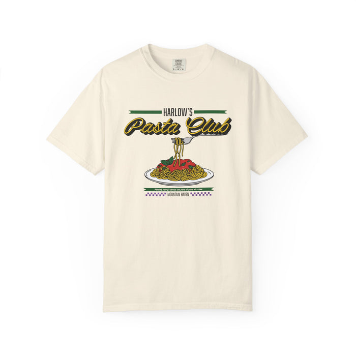 Vintage wash Comfort Colors graphic tee from thtgrlreads featuring a playful "Harlow's Pasta Club" design with pasta and fork illustration, part of The Poison Daughter collection.