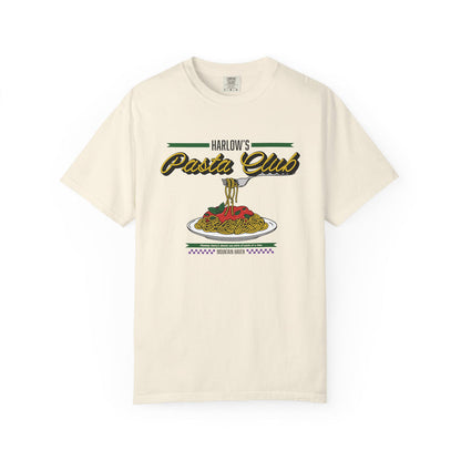 Vintage wash Comfort Colors graphic tee from thtgrlreads featuring a playful "Harlow's Pasta Club" design with pasta and fork illustration, part of The Poison Daughter collection.
