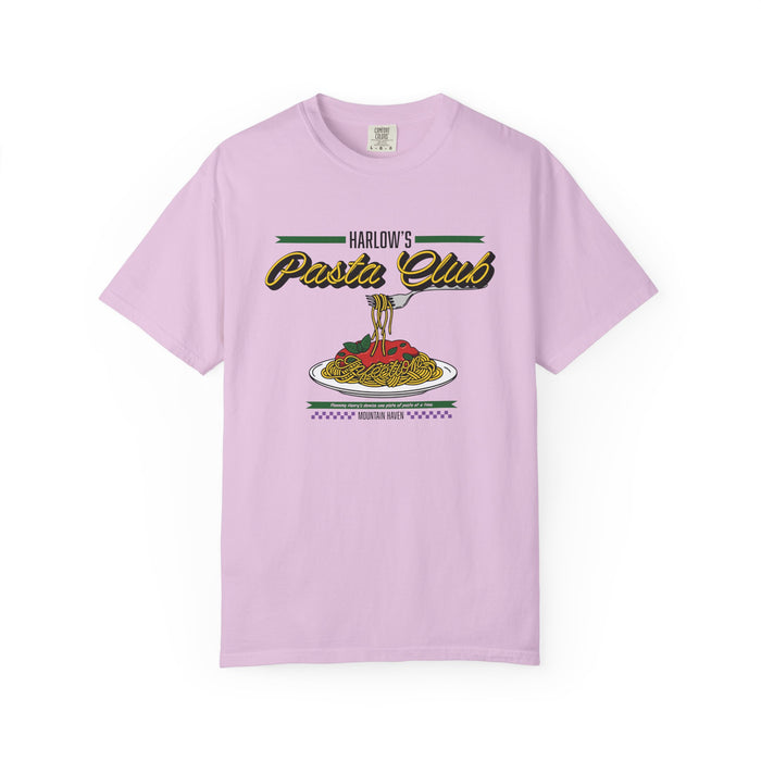 Thtgrlreads officially licensed The Poison Daughter collection comfort colors graphic tee featuring a vintage-style "Harlow's Pasta Club" print with pasta and sauce illustration.