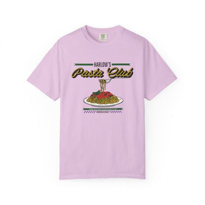 Thtgrlreads officially licensed The Poison Daughter collection comfort colors graphic tee featuring a vintage-style "Harlow's Pasta Club" print with pasta and sauce illustration.