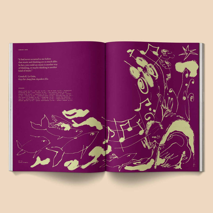Opened music magazine spread with purple background and yellow musical line-art figures