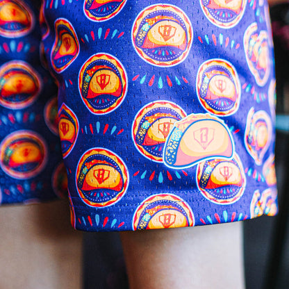 Purple shorts with colorful taco design and BL101 logo