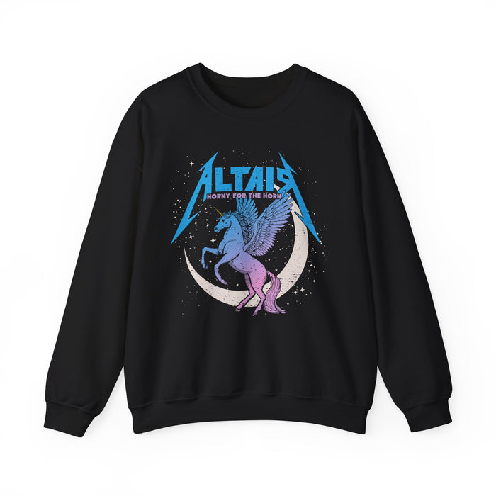A black oversized crewneck sweatshirt from thtgrlreads featuring a vintage-style graphic of a winged unicorn on a crescent moon with bold blue lettering, part of the Zodiac Academy and Crewnecks collections.