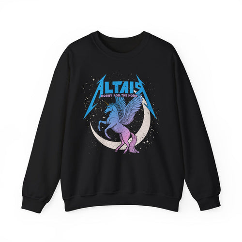 A black oversized crewneck sweatshirt from thtgrlreads featuring a vintage-style graphic of a winged unicorn on a crescent moon with bold blue lettering, part of the Zodiac Academy and Crewnecks collections.