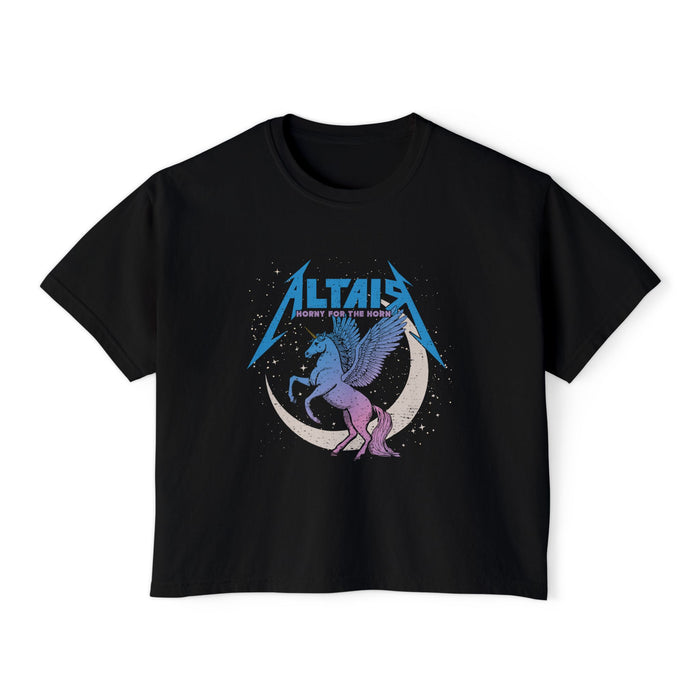 Thtgrlreads Zodiac Academy collection features a black vintage-wash Comfort Colors crop top with a pastel winged unicorn and crescent moon graphic, blending celestial fantasy and Romantasy flair.
