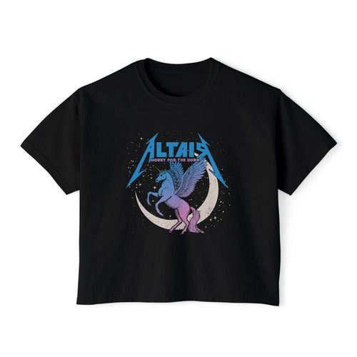 Thtgrlreads Zodiac Academy collection features a black vintage-wash Comfort Colors crop top with a pastel winged unicorn and crescent moon graphic, blending celestial fantasy and Romantasy flair.