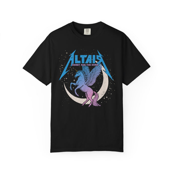 Black Comfort Colors graphic tee from thtgrlreads featuring a vintage-style pastel winged unicorn illustration with crescent moon and bold blue "Altair" text, part of the Zodiac Academy collection.