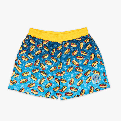 Youth model wearing youth shorts with "Hot Dog" design