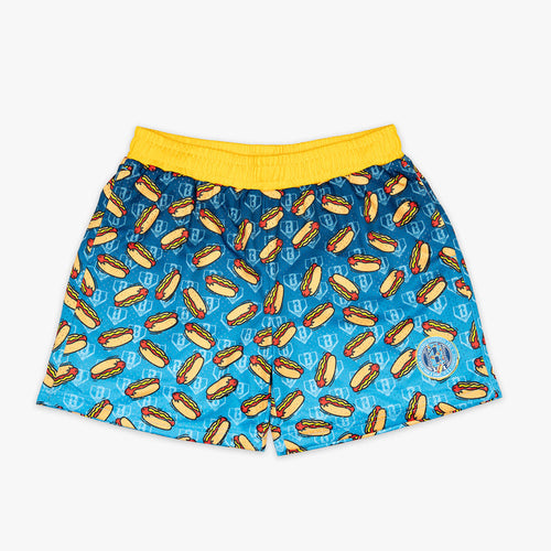 Youth model wearing youth shorts with "Hot Dog" design