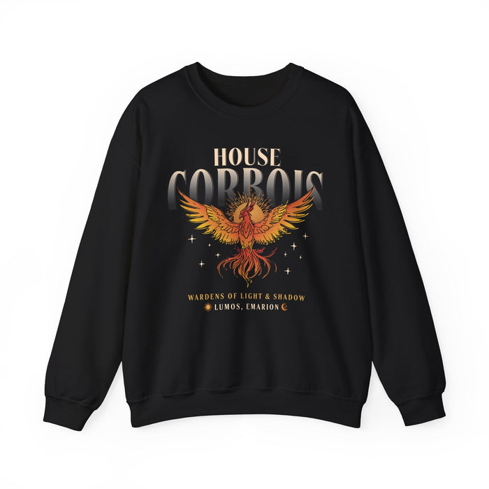 Thtgrlreads Kindred's Curse Saga oversized crewneck sweatshirt featuring a vintage-wash black cotton base with a vibrant phoenix graphic and bold "House Corbois" text in fiery tones.