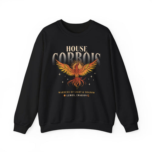 Thtgrlreads Kindred's Curse Saga oversized crewneck sweatshirt featuring a vintage-wash black cotton base with a vibrant phoenix graphic and bold "House Corbois" text in fiery tones.