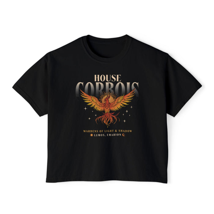 A black vintage wash Comfort Colors crop top from thtgrlreads featuring a bold graphic of a fiery phoenix with "House Corbois" text and "Wardens of Light & Shadow, Lumos, Emarion" from the Kindred's Curse Saga collection.