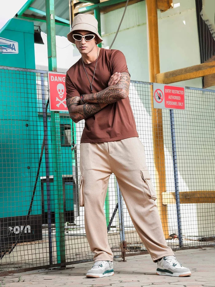 House Of Koala Beige Ribbed Relaxed-Fit Mid-Rise Cargo Track Pant