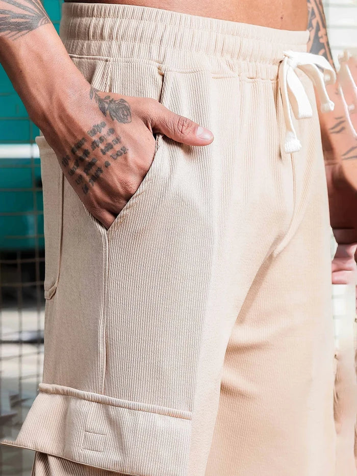 House Of Koala Beige Ribbed Relaxed-Fit Mid-Rise Cargo Track Pant
