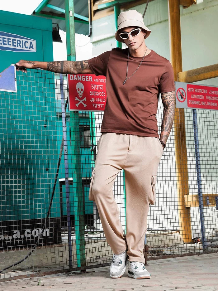 House Of Koala Beige Ribbed Relaxed-Fit Mid-Rise Cargo Track Pant