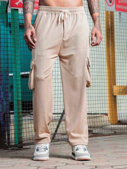 House Of Koala Beige Ribbed Relaxed-Fit Mid-Rise Cargo Track Pant