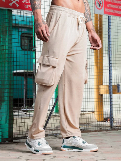 House Of Koala Beige Ribbed Relaxed-Fit Mid-Rise Cargo Track Pant