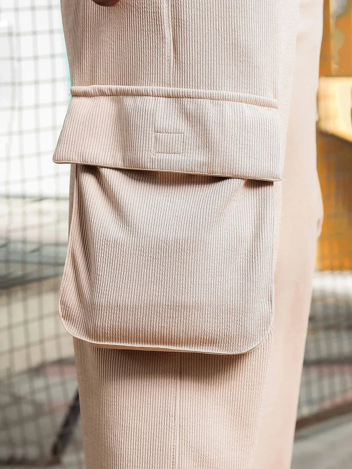 House Of Koala Beige Ribbed Relaxed-Fit Mid-Rise Cargo Track Pant