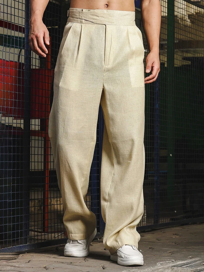 House Of Koala Beige Solid Linen Blend Gurkha Trousers with Double Pleated Front