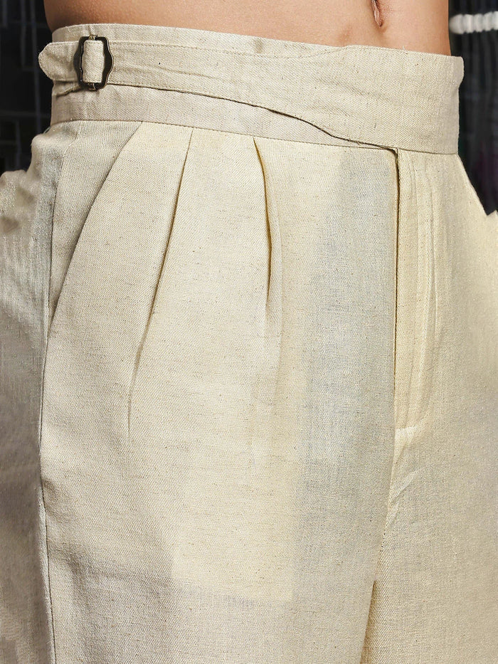 House Of Koala Beige Solid Linen Blend Gurkha Trousers with Double Pleated Front
