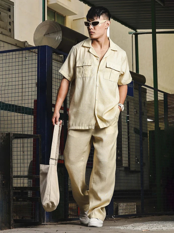 House Of Koala Beige Solid Linen Blend Gurkha Trousers with Double Pleated Front