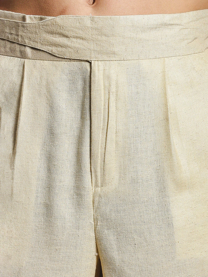 House Of Koala Beige Solid Linen Blend Gurkha Trousers with Double Pleated Front