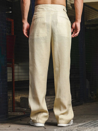 House Of Koala Beige Solid Linen Blend Gurkha Trousers with Double Pleated Front