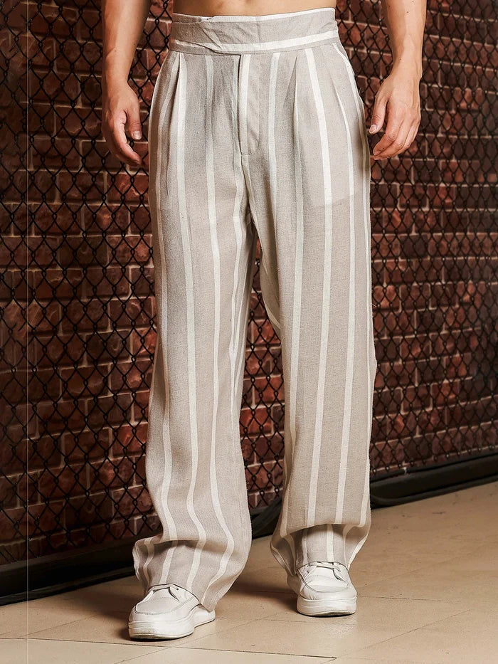 House Of Koala Beige & White Striped Linen Blend Gurkha Trousers with Double Pleated Front
