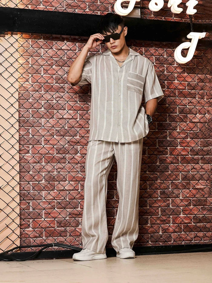 House Of Koala Beige & White Striped Linen Blend Gurkha Trousers with Double Pleated Front