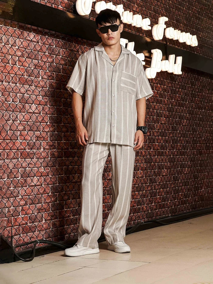 House Of Koala Beige & White Striped Linen Blend Gurkha Trousers with Double Pleated Front