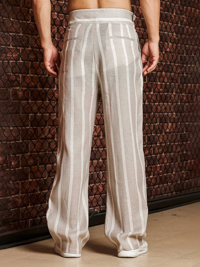 House Of Koala Beige & White Striped Linen Blend Gurkha Trousers with Double Pleated Front