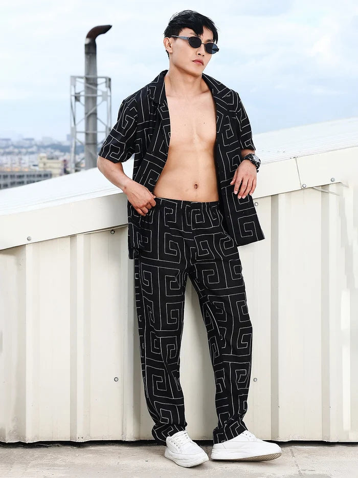 House Of Koala Black Linen Blend Embroidered Korean Streetstyle Regular Fit All Day Pants