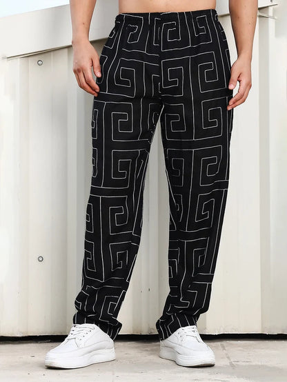 House Of Koala Black Linen Blend Embroidered Korean Streetstyle Regular Fit All Day Pants