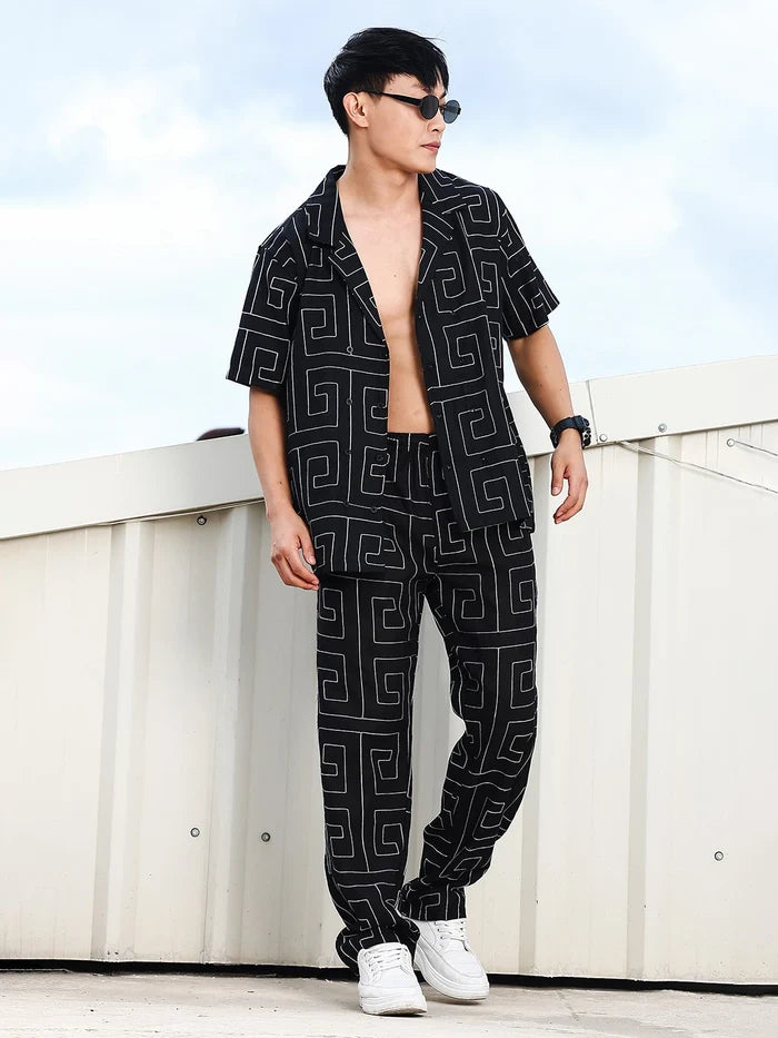 House Of Koala Black Linen Blend Embroidered Korean Streetstyle Regular Fit All Day Pants