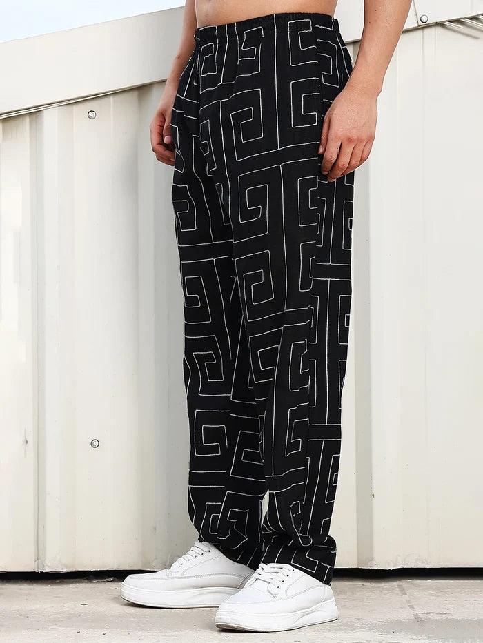 House Of Koala Black Linen Blend Embroidered Korean Streetstyle Regular Fit All Day Pants
