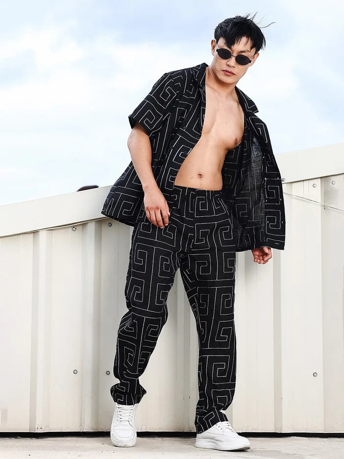House Of Koala Black Linen Blend Embroidered Korean Streetstyle Regular Fit All Day Pants