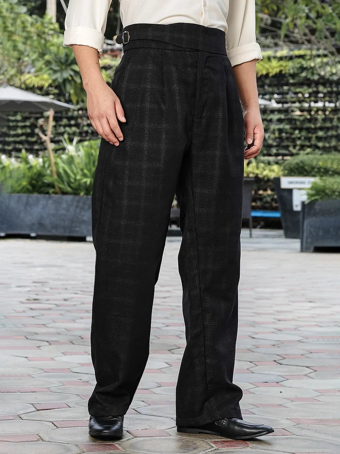 House Of Koala Black Premium Chequered Gurkha Trousers with Double Pleated Front