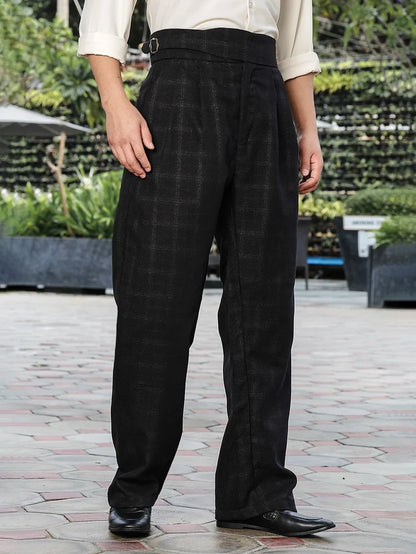 House Of Koala Black Premium Chequered Gurkha Trousers with Double Pleated Front