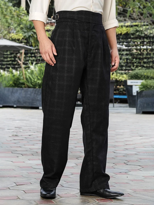 House Of Koala Black Premium Chequered Gurkha Trousers with Double Pleated Front