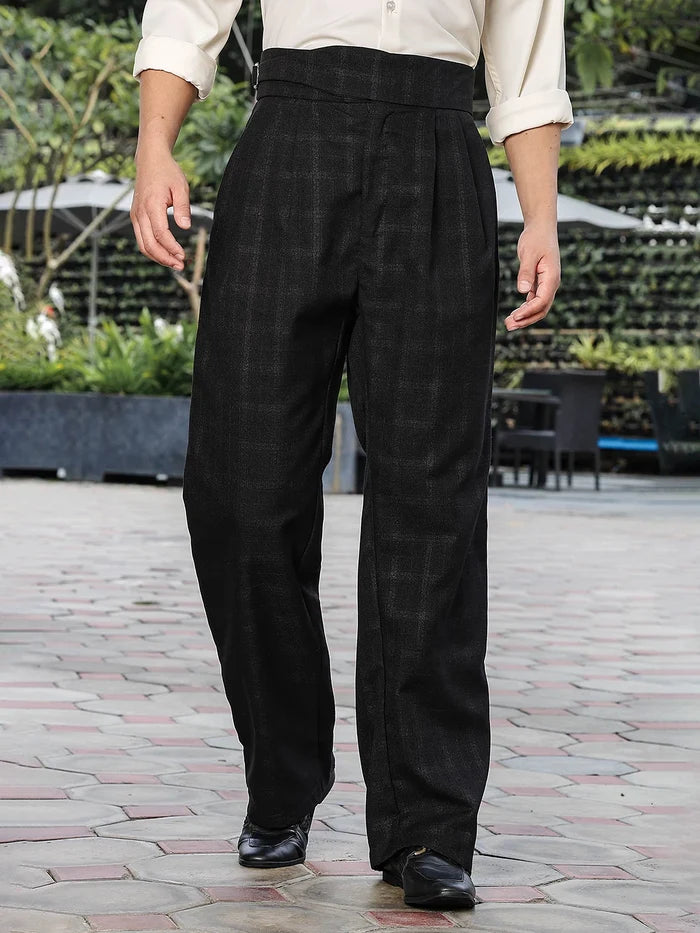 House Of Koala Black Premium Chequered Gurkha Trousers with Double Pleated Front