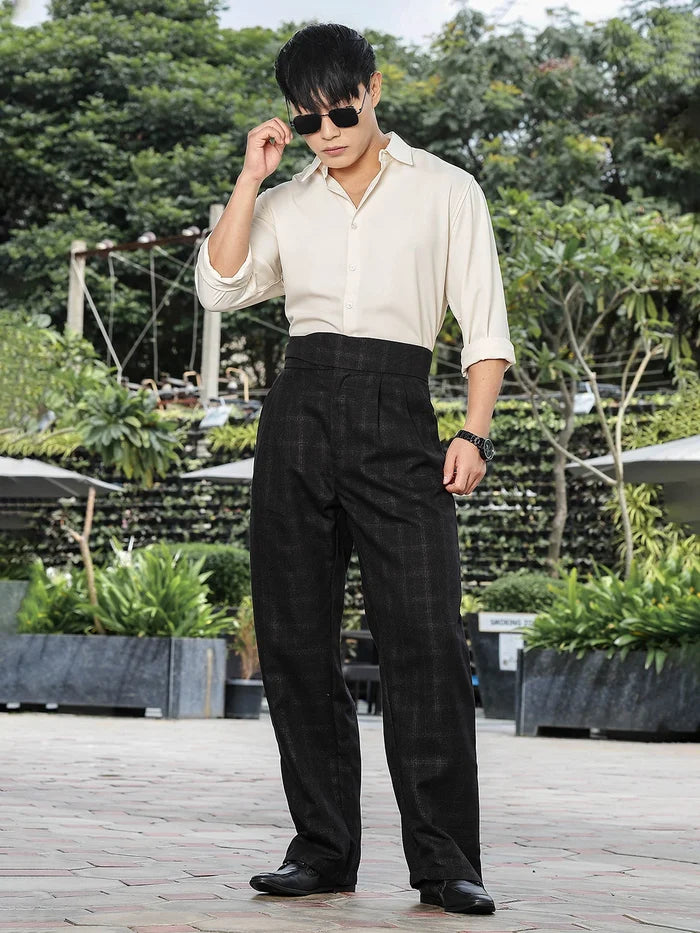 House Of Koala Black Premium Chequered Gurkha Trousers with Double Pleated Front