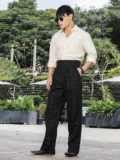 House Of Koala Black Premium Chequered Gurkha Trousers with Double Pleated Front
