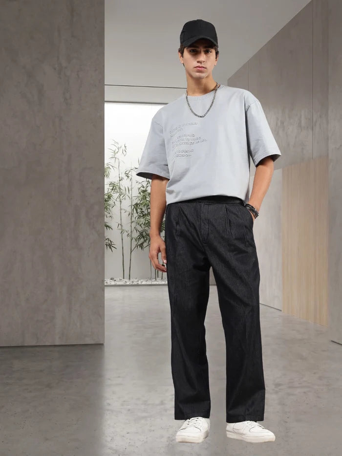 House Of Koala Black Premium Denim Gurkha Trousers with Double Pleated Front