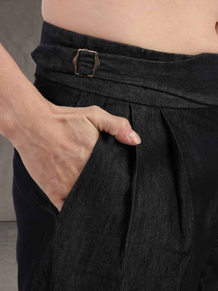 House Of Koala Black Premium Denim Gurkha Trousers with Double Pleated Front
