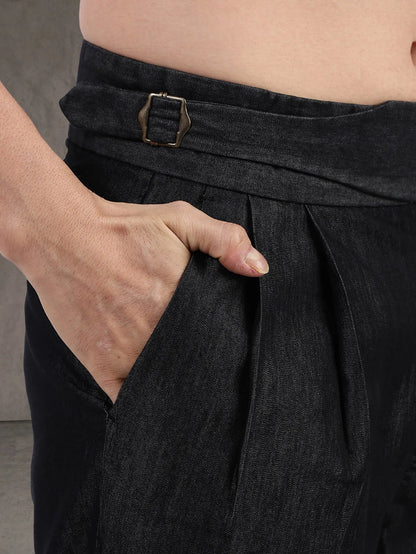 House Of Koala Black Premium Denim Gurkha Trousers with Double Pleated Front